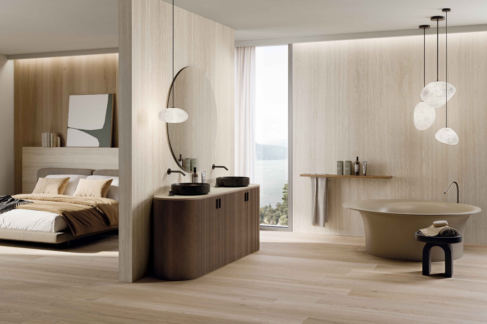 B 07 SENSI ROMA IVORY N.R. 120X280+ABKSTONE TRAVERTINO IVORY NAT.12MM+POETRY WOOD ECRU N.R. 265X180